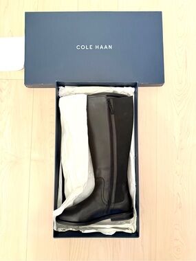 NIB Cole Haan Black Leather Celestina Riding Boots Knee High Low Heel Size 7.5